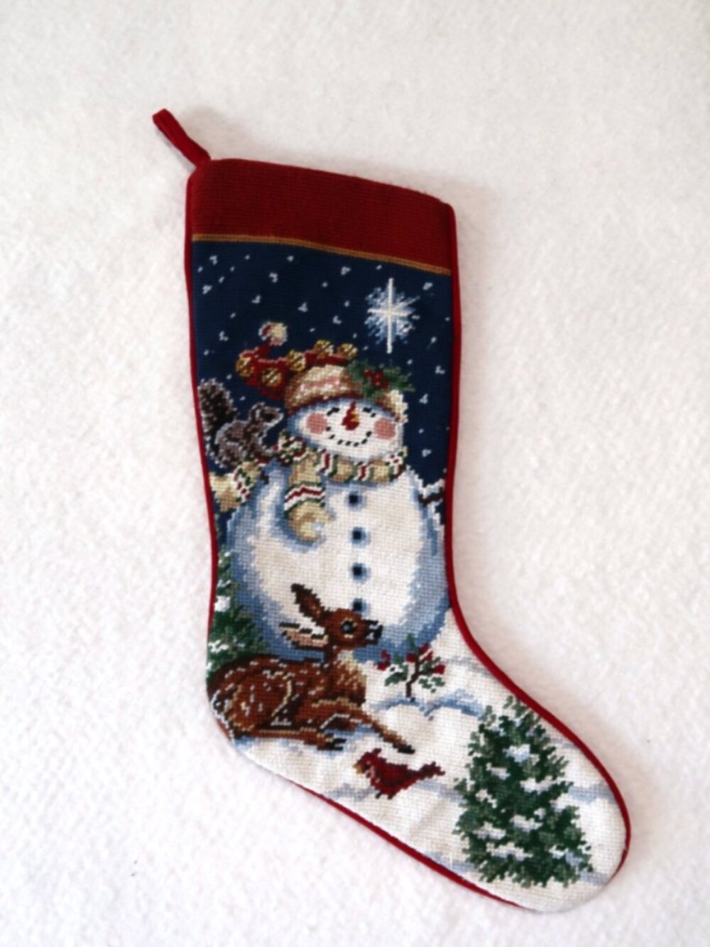 Vintage Needlepoint Christmas Stocking Snowman Reindeer Red EUC